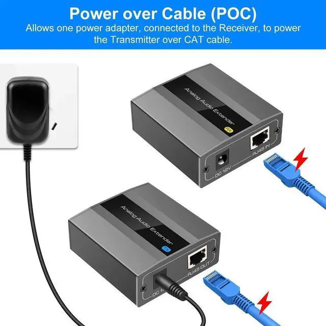 Alt view image 4 of 6 - Vszerda Analog Audio Extender RCA 3.5mm Stereo Over Ethernet Single Cat5e 6 7 Cable up to 1475ft Converter Adapter Support PCM Stereo POC Power on Cat