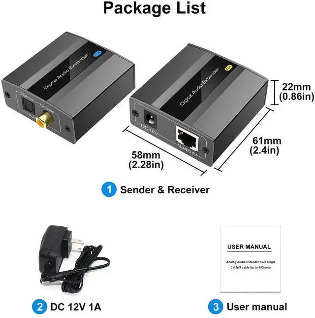 Alt view image 4 of 6 - Vszerda Optical Coaxial Digital Audio Extender Over Ethernet Single Cat5e 6 7 Cable up to 1640ft Adapter Converter Support DTS 5.1 PCM Stereo POC Power on Cat
