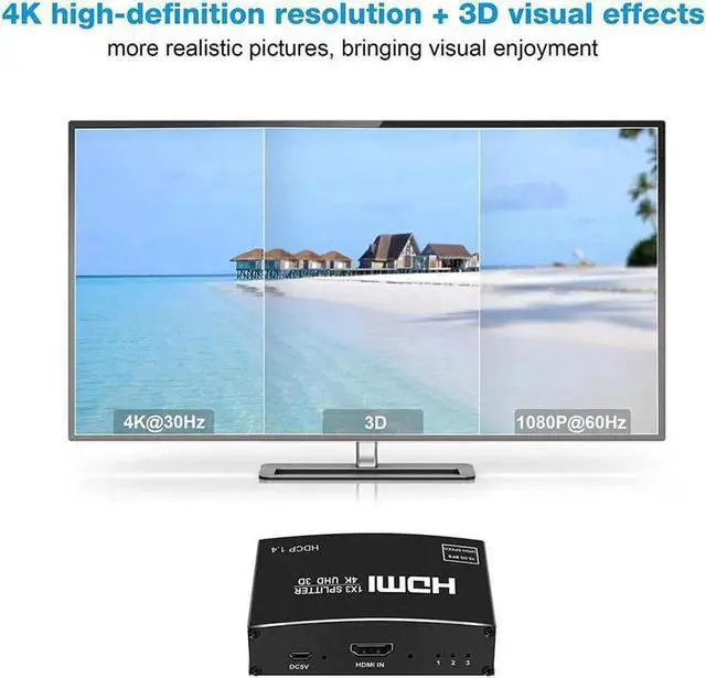 Alt view image 6 of 6 - NEWCARE 4K HDMI Splitter 1 in 3 Out, 1×3 HDMI Splitter Support 4Kx2K, 1080P, 3D, HDR, DTS/Doby-TrueHD for Xbox PS5/4 Fire Stick Roku Blu-Ray Player Apple TV,NOT Supported Extend(HDMI Cable Included)