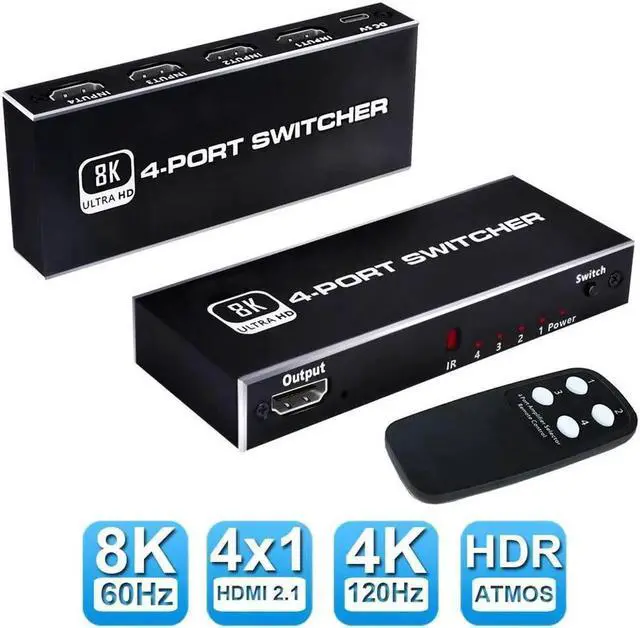 Main image of Vszerda 4 in 1 Out HDMI 2.1 Switch, 8K High-Speed 48Gbps 4Port HDMI Switcher, Supports 8K@60Hz 4K@120Hz, Compatible for PS5/PS4 Projectors Monitor Blu-Ray Player Xbox (4 in 1)