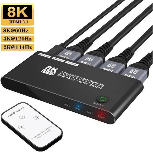 Main image of Vszerda HDMI Switch hdmi Switcher 3 in 1 Out with Remote Control, Ultra 8K HD Directional Switch 8K@60Hz 4K@120Hz High Speed 48Gbps Switch 8K hdmi Splitter ps5 Support Xbox X PS5 luminum Shel