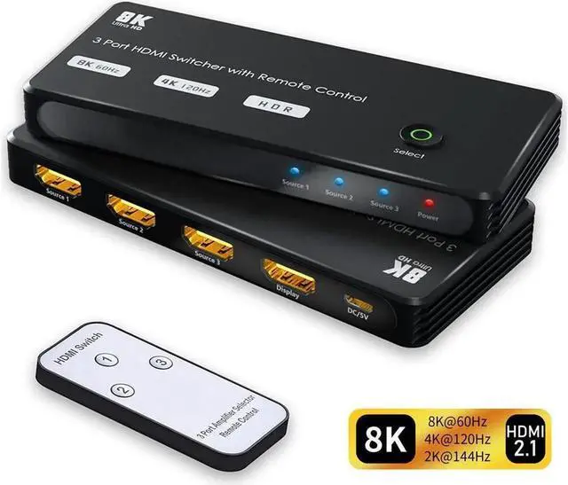 Main image of Vszerda 8K HDMI HDMI Switcher with IR Remote Aluminum Directional HDMI Switcher Splitter 3 Input 1 Output, 3 x 1, Support 8k 4K 3D 1080P for Xbox PS4 Roku HDTV Fire Stick Blu Ray