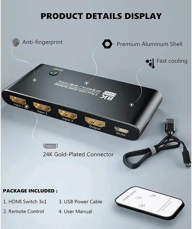 Alt view image 6 of 7 - Vszerda HDMI Switcher with Remote Control, Ultra HD 8K High Speed 48Gbps Directional Switch Only 3in 1out 8K@60Hz 4K@120Hz Splitter Converter (8K)
