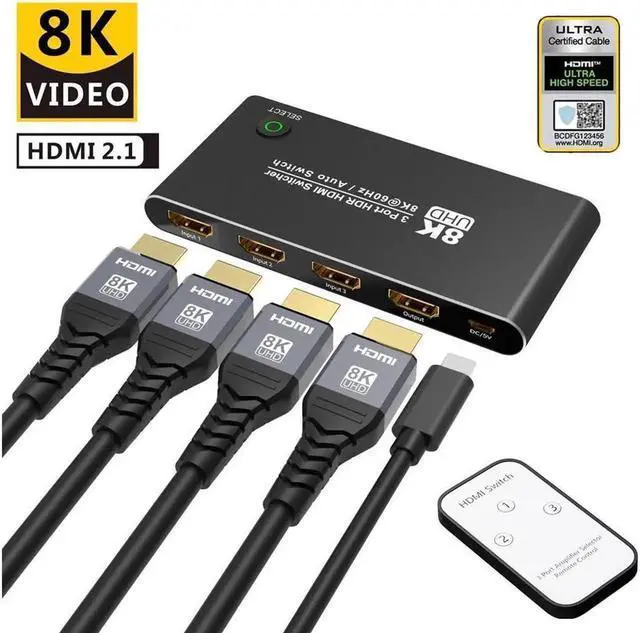 Main image of Vszerda HDMI 2.1 Directional Switch with Remote Control Ultra HD 8K High Speed 48Gbps Only 3in 1out 8K@60Hz 4K@120Hz Converter Compatible with Xbox PS5 Projectors Monitors 8k hdmi 2.1 Switch