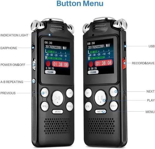 Alt view image 7 of 7 - Vszerda 16GB digital recorder with variable speed playback, audio recorder, HD noise reduction dual microphone, MP3 player, for lectures, meetings, interviews noise reduction recording