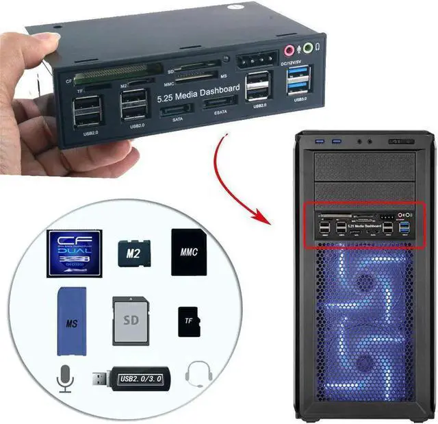 Alt view image 3 of 3 - Vszerda 5.25 Inch PC Media Dashboard Front Panel Audio With SATA eSATA 2 x USB 3.0 And 6 x USB 2.0 Hub SD TF MMC M2 CF MS Card Reader