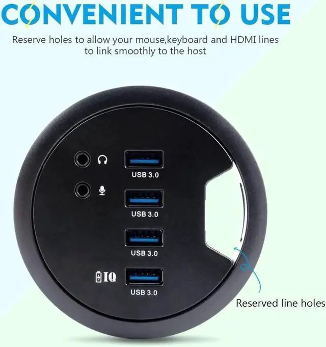 Main image of Vszerda WDX Desk-Fit (Diameter 3.14" or 80MM) 4 Port USB 3.0 Hub with 3.5mm Audio Mic Phone Jack/BC 1.2 USB Charger, 5V/2A Power Adapter for iPhone/Smart Phones(usb3.0 4 Port)