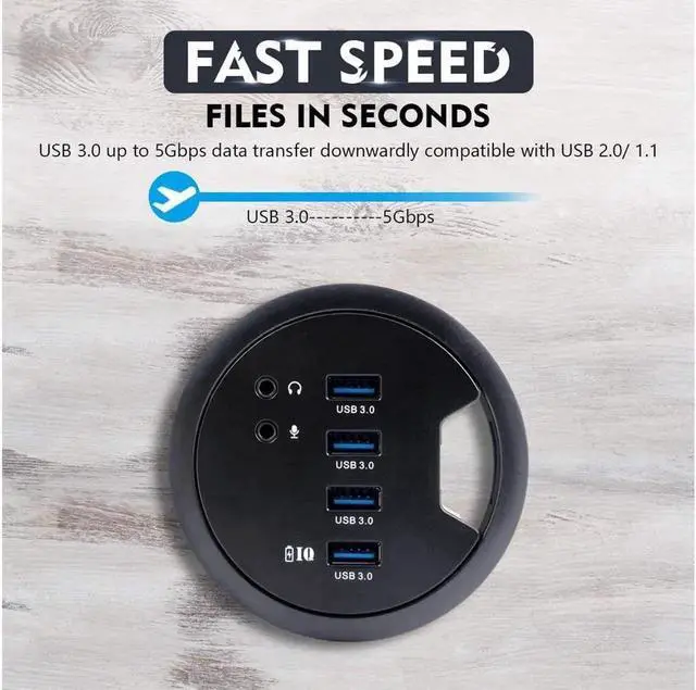 Alt view image 3 of 7 - Vszerda WDX Desk-Fit (Diameter 3.14" or 80MM) 4 Port USB 3.0 Hub with 3.5mm Audio Mic Phone Jack/BC 1.2 USB Charger, 5V/2A Power Adapter for iPhone/Smart Phones(usb3.0 4 Port)