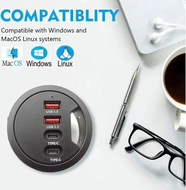 Alt view image 6 of 7 - Vszerda Grommet Desk-Fit USB 3.0 Hub (Diameter 2.36 or 60MM) 2 Port Type A&2 Port Type C Compatible Charging and Data Transmission Includes 5V/2A Power Adapter