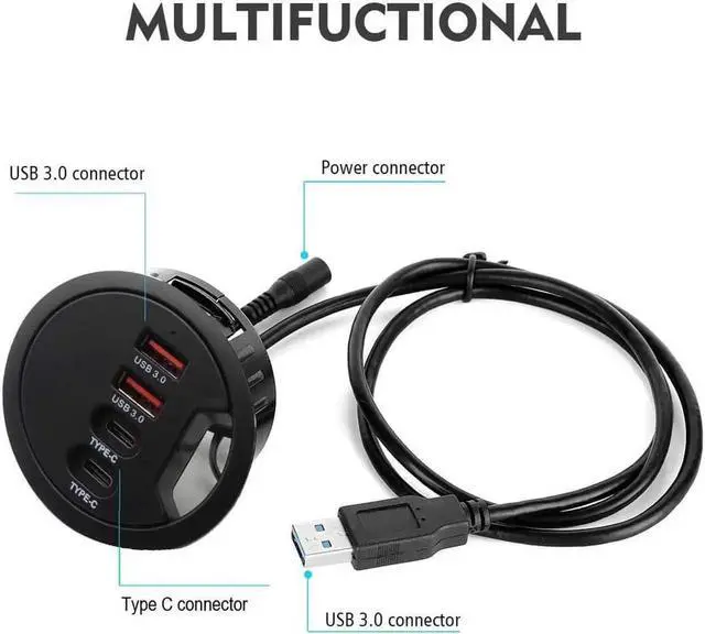 Alt view image 4 of 7 - Vszerda Grommet Desk-Fit USB 3.0 Hub (Diameter 2.36 or 60MM) 2 Port Type A&2 Port Type C Compatible Charging and Data Transmission Includes 5V/2A Power Adapter
