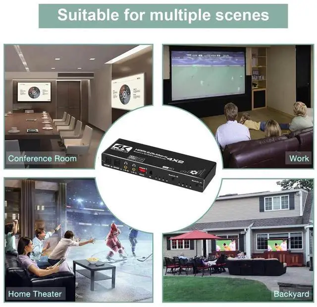 Alt view image 3 of 7 - Vszerda 4x2 HDMI Matrix Switch with 2 SPDIF/3.5mm Audio Out, 4K@30Hz 4 in 2 Out HDMI Switcher Selector with IR Remote Control, Settable EDID, Support HDCP 2.2, DTS-HD/DTS/Dolby-AC3/ DSD