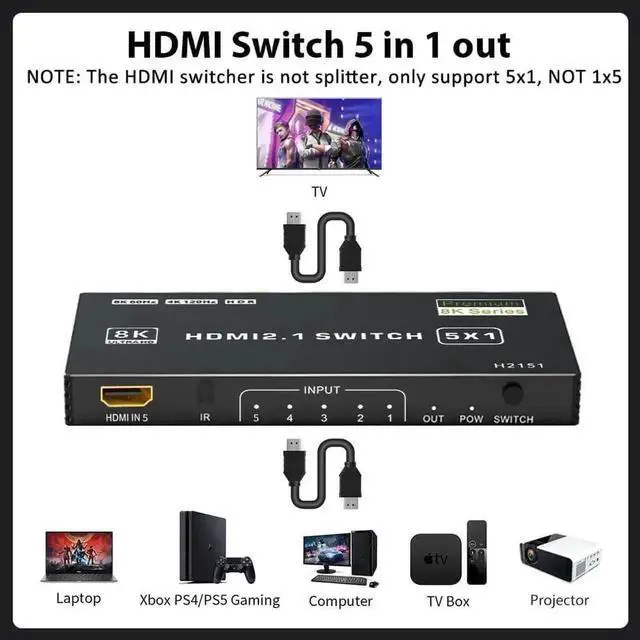 Alt view image 7 of 7 - Vszerda HDMI 2.1 Switch 5 in 1 Out 8K 60Hz, 5 Port HDMI Switcher Selector Box with Remote, 4K@120Hz HDMI Switch 5x1 Support 48Gbps, HDR 10+, HDCP 2.3, 3D, for PS5/4/3, Xbox Series X, NS, Laptop, Black