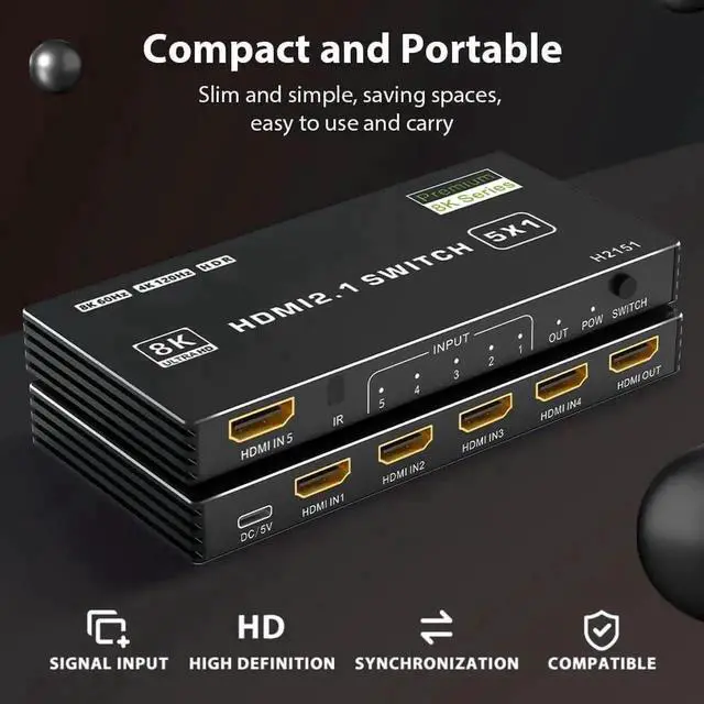 Alt view image 6 of 7 - Vszerda HDMI 2.1 Switch 5 in 1 Out 8K 60Hz, 5 Port HDMI Switcher Selector Box with Remote, 4K@120Hz HDMI Switch 5x1 Support 48Gbps, HDR 10+, HDCP 2.3, 3D, for PS5/4/3, Xbox Series X, NS, Laptop, Black