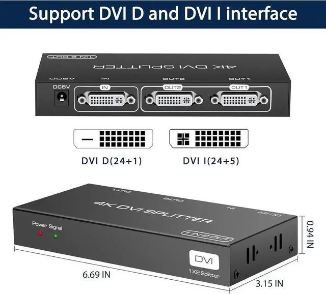 Alt view image 4 of 7 - Vszerda DVI Splitter 1 in 2 Out 2 Port DVI Dual Monitors Distribution Duplicator Video Splitter Support EDID Management Resolution up to 4K30Hz for PC Laptop DVR Projector HDTV