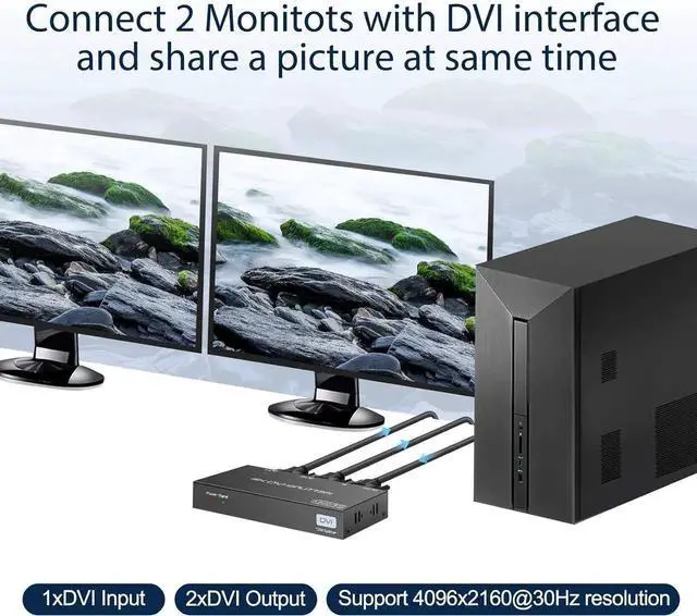 Alt view image 2 of 7 - Vszerda DVI Splitter 1 in 2 Out 2 Port DVI Dual Monitors Distribution Duplicator Video Splitter Support EDID Management Resolution up to 4K30Hz for PC Laptop DVR Projector HDTV