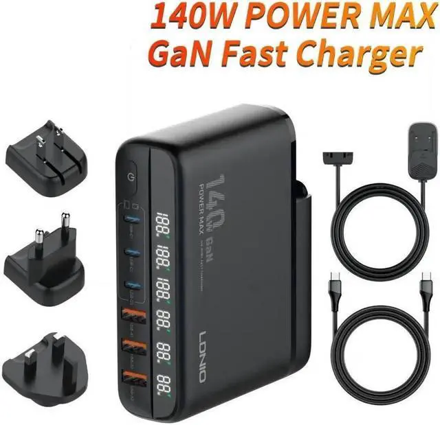 Alt view image 3 of 7 - Vszerda 6-Prots USB C 140W Fast Charger QC3.0 USB PD3.0 Muti Ports GaN Charger Mobile Phone Quick Charging Type C Charging Station Hub for iPhone Xiaomi Samsung - Black
