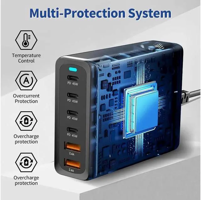 Alt view image 3 of 7 - Vszerda 200W GaN USB C Quick Charge QC3.0 PD 3.0 TypeC 6-Port Supercharge Plug For iPad iPhone Samsung Xiaomi Universal Fast Charger - Black