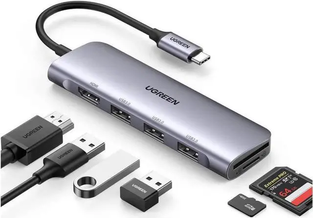Main image of Vszerda USB C Hub 6 in 1 Dongle USB-C to HDMI Multiport Adapter with 4K HDMI Output 3 USB 3.0 Ports SD/TF Card Reader Compatible for MacBook Pro XPS More Type C Devices