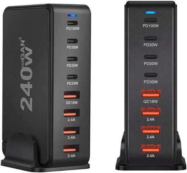 Main image of Vszerda 240W GaN USB C Quick Charge QC3.0 PD 3.0 TypeC 8 Port Supercharge Plug For iPad iPhone Samsung Xiaomi Universal Fast Charger - Black