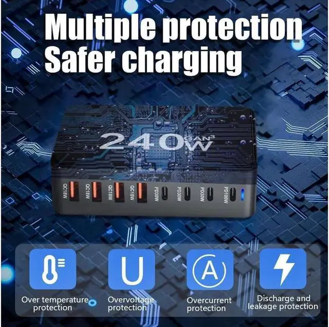 Alt view image 6 of 7 - Vszerda 8 Port USB C Charger 240W QC3.0 PD3.0 GaN Charger Type C Adapter with Fast Desk Charger Compatible for iPhone, MacBook Pro, iPad Pro, Switch, Galaxy S22/S21