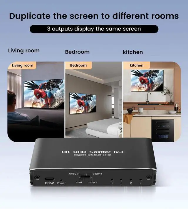 Alt view image 4 of 7 - Vszerda HDMI 2.1 Splitter 8K@60Hz 1 in 3 Out 4K@120Hz, 1×3 HDMI Splitter for Multiple Monitors(Only Copy Input Screen), Hdmi Splitters for Gaming Support 48Gbps, HDCP 2.3, RGB 4:4:4