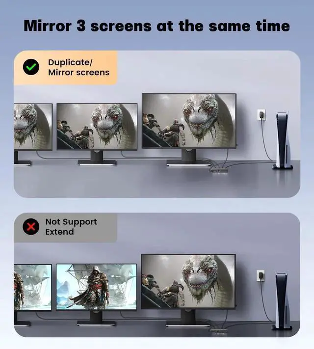 Alt view image 6 of 7 - Vszerda HDMI 2.1 Splitter 8K@60Hz 1 in 3 Out 4K@120Hz, 1×3 HDMI Splitter for Multiple Monitors(Only Copy Input Screen), Hdmi Splitters for Gaming Support 48Gbps, HDCP 2.3, RGB 4:4:4
