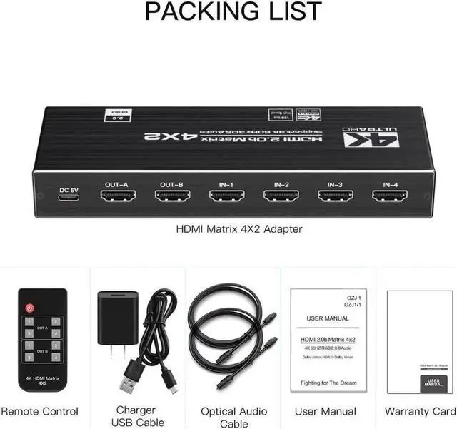 Alt view image 2 of 7 - Vszerda 4K HDMI Matrix Switch 4x2, Video Switcher Splitter 4 in 2 Out, Optical and LR Audio Output with IR Remote Controller, Support 4K@60Hz 3D 18.5Gbps x 3 Data Rate, HDMI 2.0b, HDCP 2.2