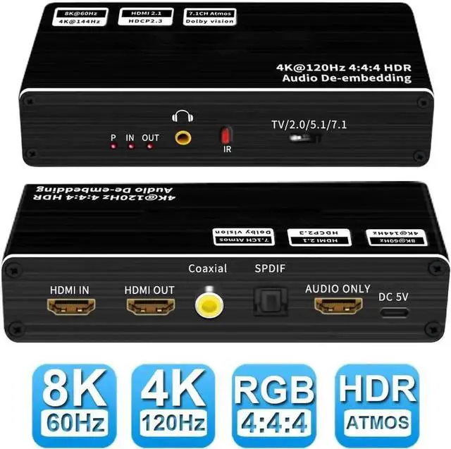Main image of Vszerda 8K 60Hz HDMI 2.1 Audio Extractor With 7.1CH Atmos & Optical Toslink 48Gbps HDMI Audio Splitter 8K 60Hz HDMI Audio Converter for PS5 XBox One
