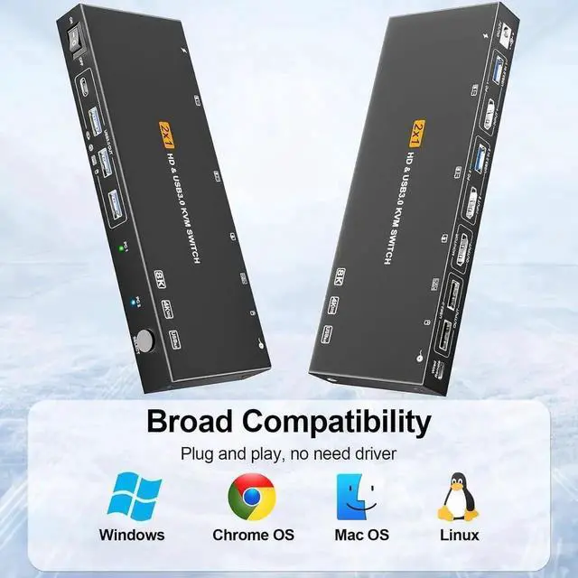 Alt view image 2 of 7 - Vszerda 2 Port HDMI KVM Switch 1 Monitors 2 Computers 8K60Hz, with EDID Simulation, USB 3.0 HDMI KVM Switch 2 in 1 Out for 2 Computers Share Dual Monitors and 4 USB Devices with Remote Controller