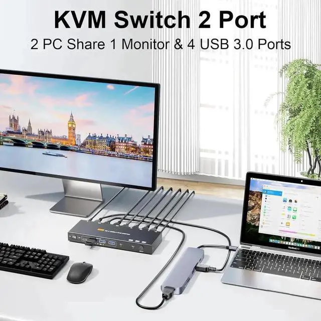 Alt view image 3 of 7 - Vszerda 2 Port HDMI KVM Switch 1 Monitors 2 Computers 8K60Hz, with EDID Simulation, USB 3.0 HDMI KVM Switch 2 in 1 Out for 2 Computers Share Dual Monitors and 4 USB Devices with Remote Controller