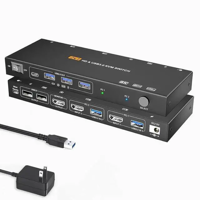 Alt view image 7 of 7 - Vszerda 2 Port HDMI KVM Switch 1 Monitors 2 Computers 8K60Hz, with EDID Simulation, USB 3.0 HDMI KVM Switch 2 in 1 Out for 2 Computers Share Dual Monitors and 4 USB Devices with Remote Controller