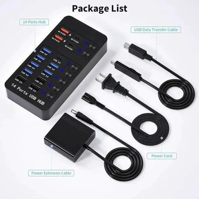 Alt view image 2 of 7 - Vszerda Powered USB 3.0 Hub, 14 Ports USB Splitter Hub (10 Faster Data Transfer Ports + 4 Smart USB Charging Port) USB Hub with LED Individual On/Off Switches for PC, Laptop, Desktop