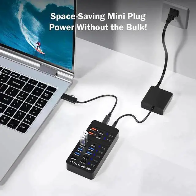 Alt view image 3 of 7 - Vszerda Powered USB 3.0 Hub, 14 Ports USB Splitter Hub (10 Faster Data Transfer Ports + 4 Smart USB Charging Port) USB Hub with LED Individual On/Off Switches for PC, Laptop, Desktop
