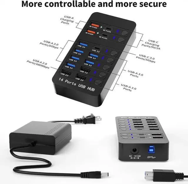 Alt view image 6 of 7 - Vszerda Powered USB 3.0 Hub, 14 Ports USB Splitter Hub (10 Faster Data Transfer Ports + 4 Smart USB Charging Port) USB Hub with LED Individual On/Off Switches for PC, Laptop, Desktop
