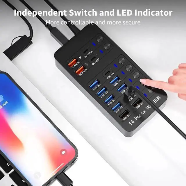 Alt view image 5 of 7 - Vszerda Powered USB 3.0 Hub, 14 Ports USB Splitter Hub (10 Faster Data Transfer Ports + 4 Smart USB Charging Port) USB Hub with LED Individual On/Off Switches for PC, Laptop, Desktop
