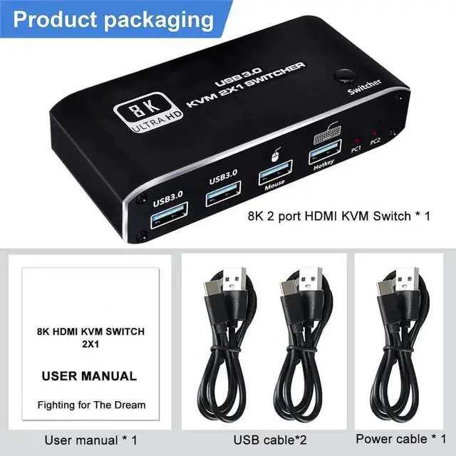 Alt view image 6 of 7 - Vszerda @60Hz 2x1 HDMI 2.1 KVM Switch, 2 Port 2 in 1 Out KVM HDMI 2.1 Switch for 2 PCs Shares 1 Set Mouse, Keyboard and Monitor, Support 8K @60Hz, 4K @120Hz, Hotkey, USB 3.0 Port, HDMI2.1 in/Out Port