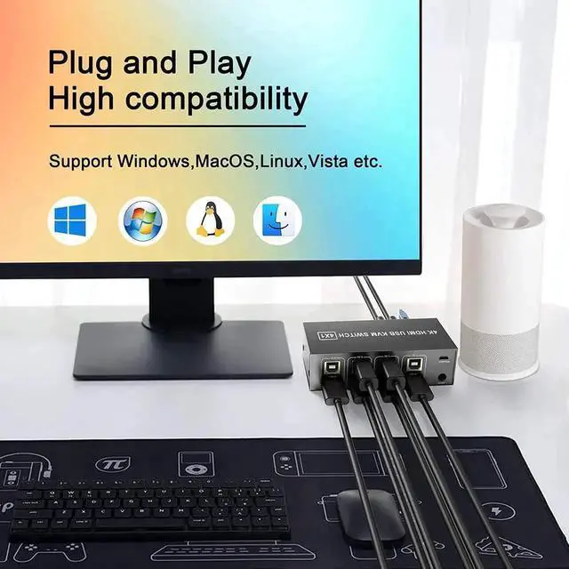 Alt view image 5 of 7 - HDMI KVM Switch 4 Port, USB Switch Share 4 Computers with One Monitor One-Button Swapping, HD 4K @60Hz, 4 In 1 Out KVM Switcher for Mouse Keyboard Printer Scanner with 4 USB Cables 1 Power Cable