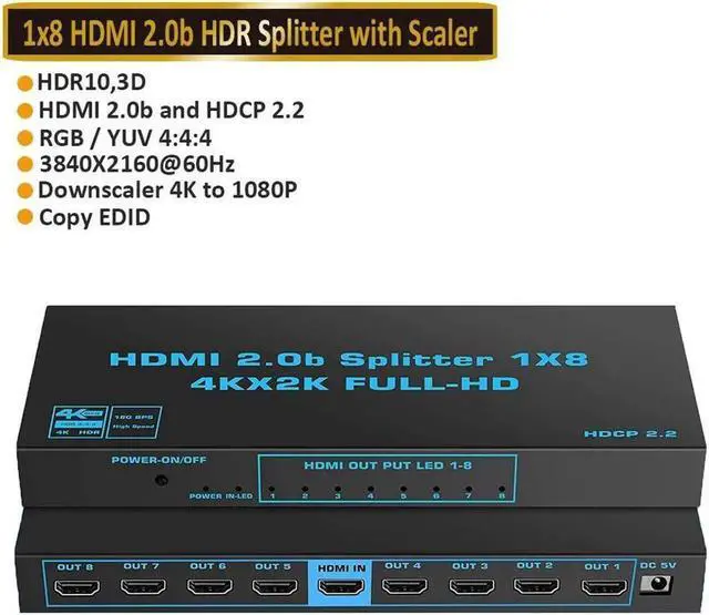 Main image of Vszerda 4K Pro 1x8 HDMI Splitter - HDR, 18Gbps, 4K 60Hz, RGB 4:4:4, with HDCP 2.2 Support (Compatible with PS4/5 Xbox Apple TV Fire Stick Roku Blu-Ray Player)
