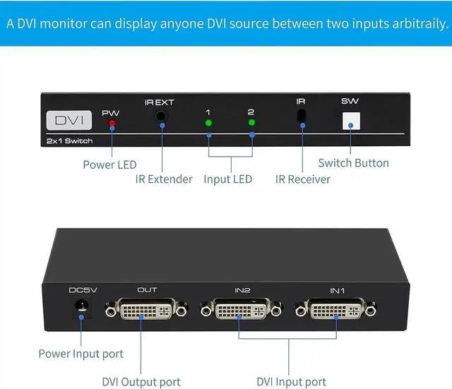 Alt view image 3 of 5 - Vszerda DVI Switch 2 in 1 Out 4K Port Switcher Selector for PC Laptop DVR Projector HDTV Devices HDCP
