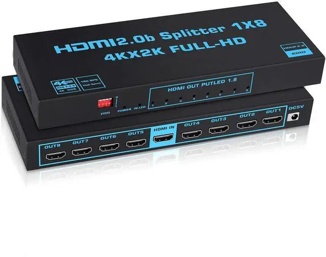 Main image of Vszerda 1x8 HDMI Splitter with EDID, 4K@60Hz HDMI2.0b Splitter 1 in 8 Out Audio Video Distributor Box with Power Adapter, Support 3D HDCP2.2, RGB8:8:8, 18.5Gbps for PS5, Fire Stick