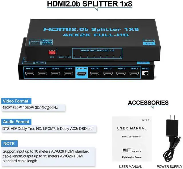 Alt view image 3 of 7 - Vszerda 1x8 HDMI Splitter with EDID, 4K@60Hz HDMI2.0b Splitter 1 in 8 Out Audio Video Distributor Box with Power Adapter, Support 3D HDCP2.2, RGB8:8:8, 18.5Gbps for PS5, Fire Stick