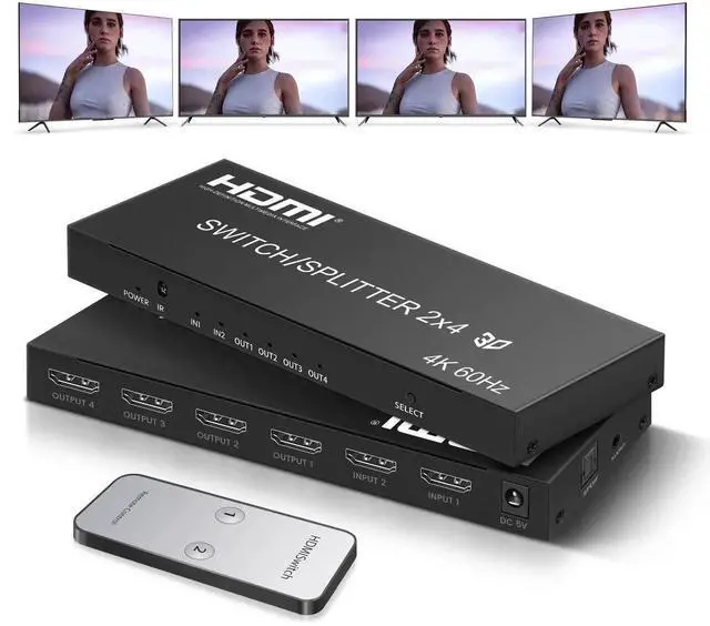 Main image of Vszerda 4K@60Hz HDMI Switch Splitter 2 in 4 Out with Remote, 2x4 HDMI Splitter Switcher 4K with SPDIF & 3.5mm Audio,Support 4K,3D,1080p,HDCP2.2,HDR 10 for PS5/4,Xbox,Fire Stick,etc