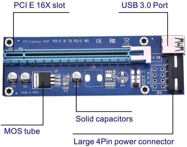 Alt view image 3 of 5 - Vszerda PCI Express 16x to 1x Powered Riser Adapter Card w/60cm USB 3.0 Extension Cable and 4-Pin MOLEX to SATA Power Cable-GPU Riser Extender Cable-Ethereum Mining ETH (6 Pack 4 Pin)