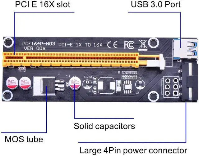 Alt view image 3 of 5 - Vszerda PCI Express 16x to 1x Powered Riser Adapter Card w/60cm USB 3.0 Extension Cable and 4-Pin MOLEX to SATA Power Cable-GPU Riser Extender Cable-Ethereum Mining ETH (6 Pack)