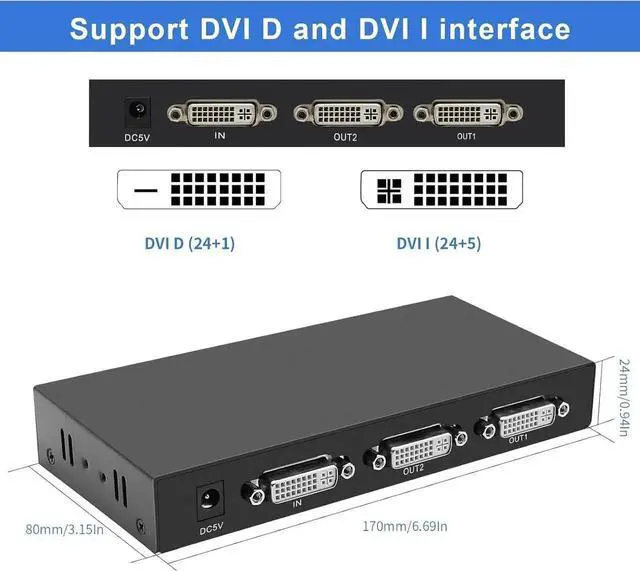 Alt view image 3 of 7 - Vszerda DVI Splitter 1 in 2 Out 2 Port Distribution Duplicator Supports Resolution up to 4K2K Automatically Copy EDID