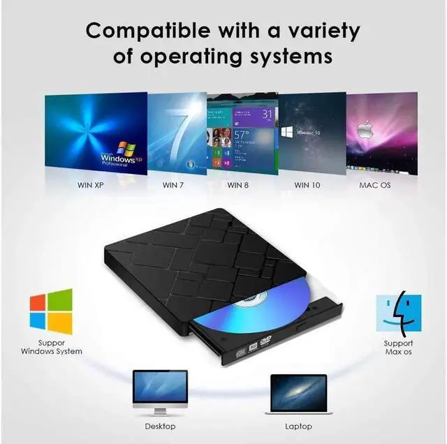 Alt view image 4 of 7 - Vszerda Aluminum External Blu-Ray Player Drive USB 3.0/Type-C Portable CD/DVD+/-RW Burner Player Writer Compatible with Windows XP/7/8/10, MacOS, Linux for MacBook, Laptop, Desktop , Silver