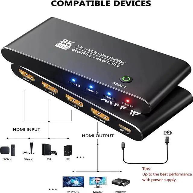 Alt view image 5 of 7 - Vszerda Aluminum Shell HDMI 2.1 Switch 8K Directional 8K@60Hz 4K@120Hz 1440P@165Hz 1080P@240Hz 3in 1out High Speed 48Gbps eARC Converter with Remote Control Compatible with Xbox X PS5