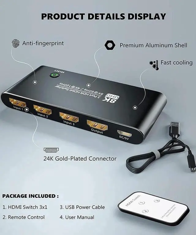 Alt view image 7 of 7 - Vszerda Aluminum Shell HDMI 2.1 Switch 8K Directional 8K@60Hz 4K@120Hz 1440P@165Hz 1080P@240Hz 3in 1out High Speed 48Gbps eARC Converter with Remote Control Compatible with Xbox X PS5