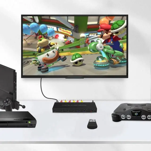 Alt view image 5 of 7 - Vszerda 4 AV to HDMI, 1080P/720P 4 Way RCA Composite CVBS AV Switch to HDMI Converter Adapter Support 4:3/16:9 Switching, for Sega Xbox PS1 PS2 PS3 N64 NGC SNES WII VHS VCR Camera DVD with Remote