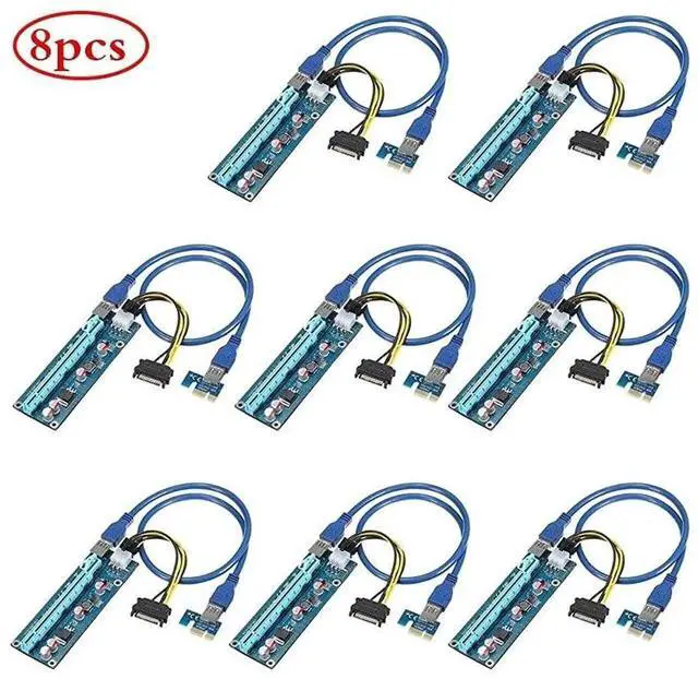 Main image of Vszerda PCIe Riser 8 Pack GPU Riser Adapter Card PCI Express 1X to 16X Extender Mining Graphics Card USB 30 Extension 6pin MOLEX to SATA Power Cable for Ethereum Bitcoin Litecoin Device